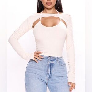Fashion Nova Cream Ribbed Off-Shoulder Blouse